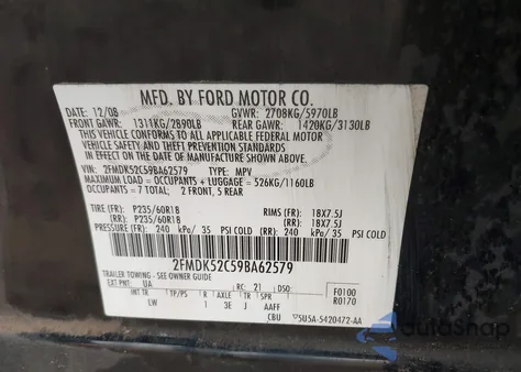 2009 Ford Flex Sel from USA, damaged, VIN 2FMDK52C59BA62579